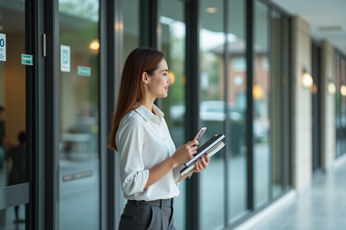 Jeune femme en tenue décontractée dans une banque contemplant un passbook