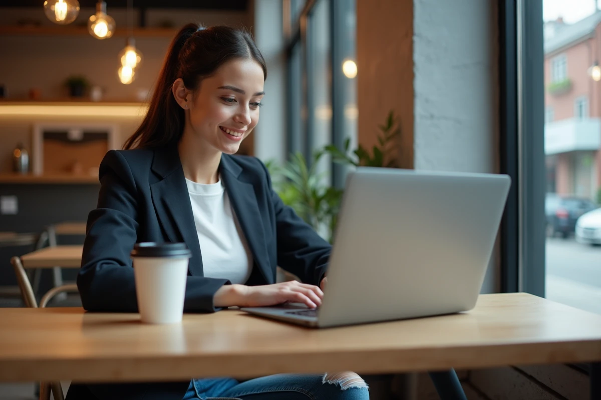 Jeune femme professionnelle au café avec ordinateur portable