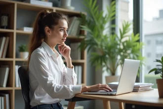 Jeune femme au bureau avec ordinateur portable