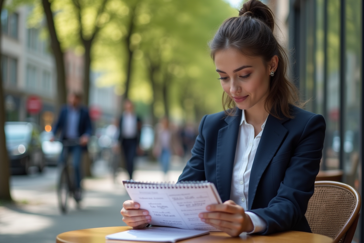 Jeune femme au café examinant un carnet de slogans