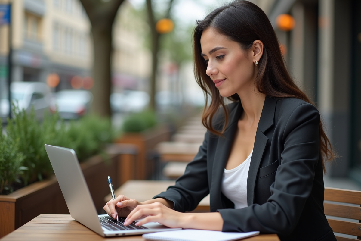 Jeune femme travaillant en extérieur dans un café urbain