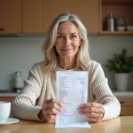 Femme assise à la cuisine en train de vérifier un reçu de courses