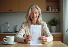 Femme assise à la cuisine en train de vérifier un reçu de courses