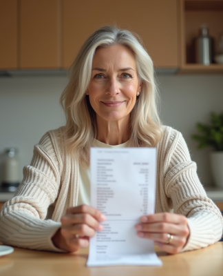 Femme assise à la cuisine en train de vérifier un reçu de courses