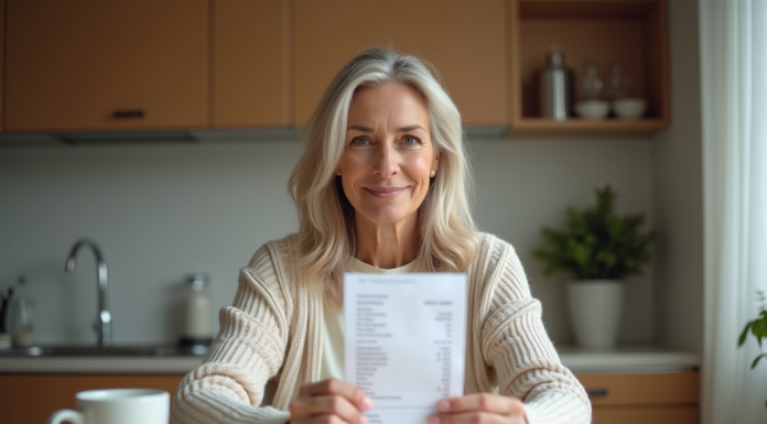 Femme assise à la cuisine en train de vérifier un reçu de courses