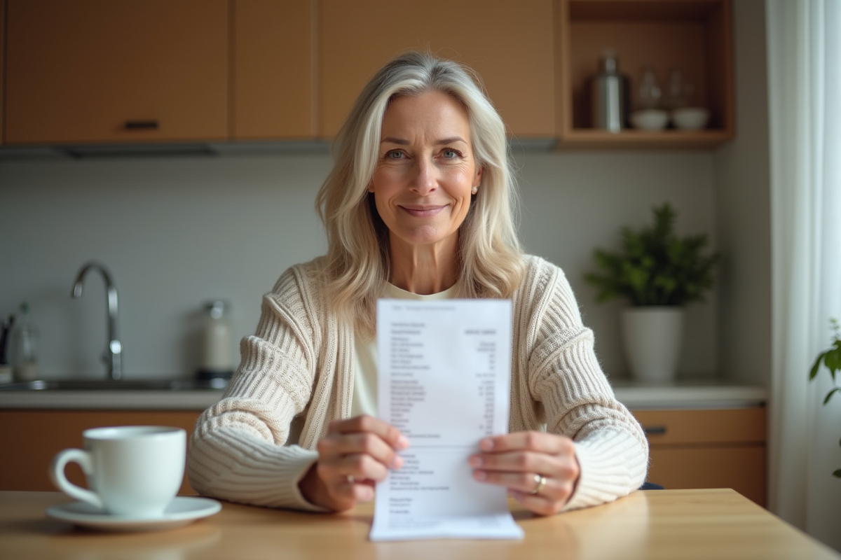 Femme assise à la cuisine en train de vérifier un reçu de courses