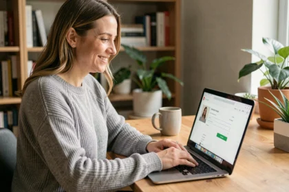 Femme utilisant un code promo Pixmania sur son ordinateur portable depuis son bureau à domicile