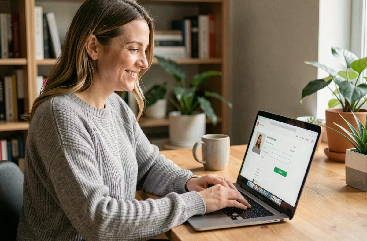 Femme utilisant un code promo Pixmania sur son ordinateur portable depuis son bureau à domicile