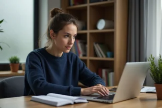 Femme consultant le site Dubraz sur un ordinateur portable dans un bureau à domicile moderne