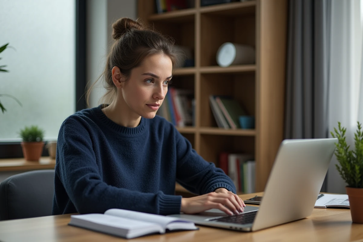 Femme consultant le site Dubraz sur un ordinateur portable dans un bureau à domicile moderne