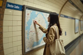 Jeune femme consultant le plan du métro parisien ligne 13 dans une station aux carreaux blancs typiques