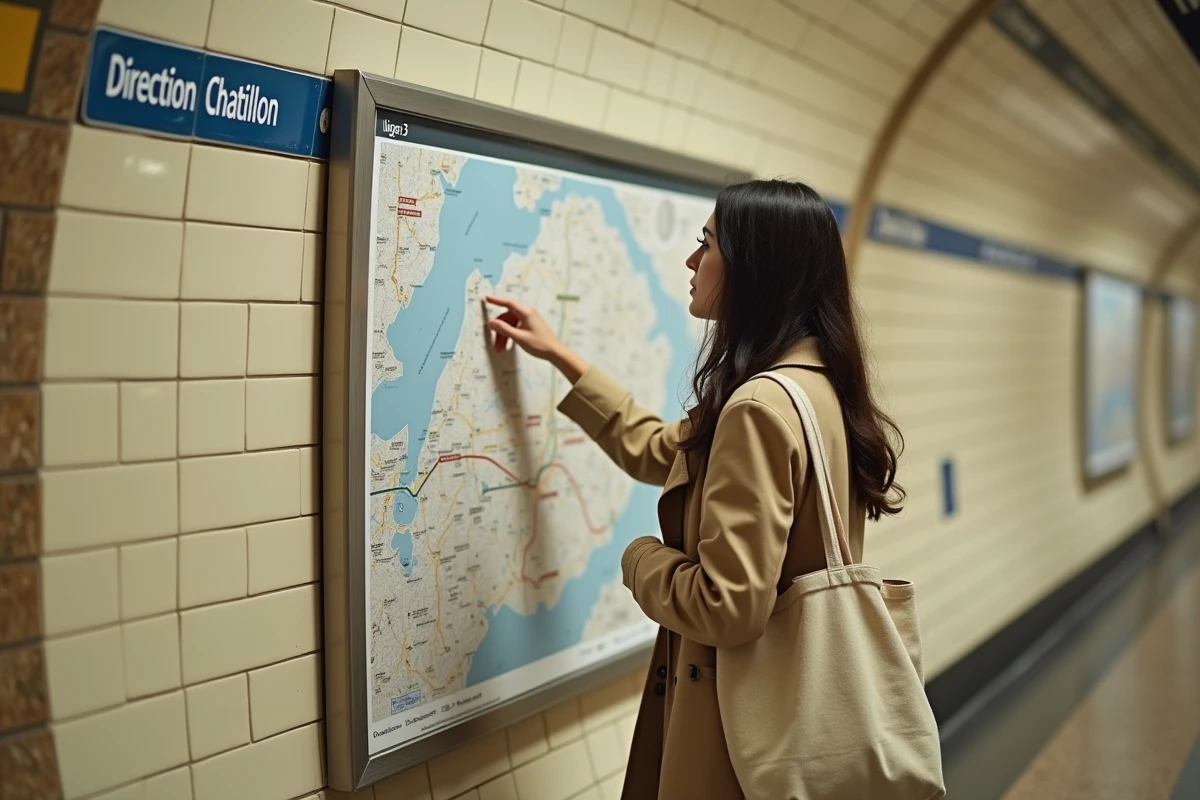 Jeune femme consultant le plan du métro parisien ligne 13 dans une station aux carreaux blancs typiques
