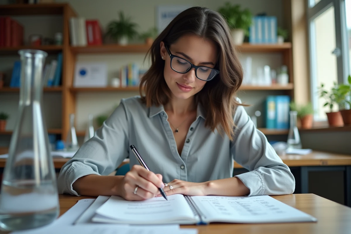 Femme remplissant un tableau de conversion de volume en classe