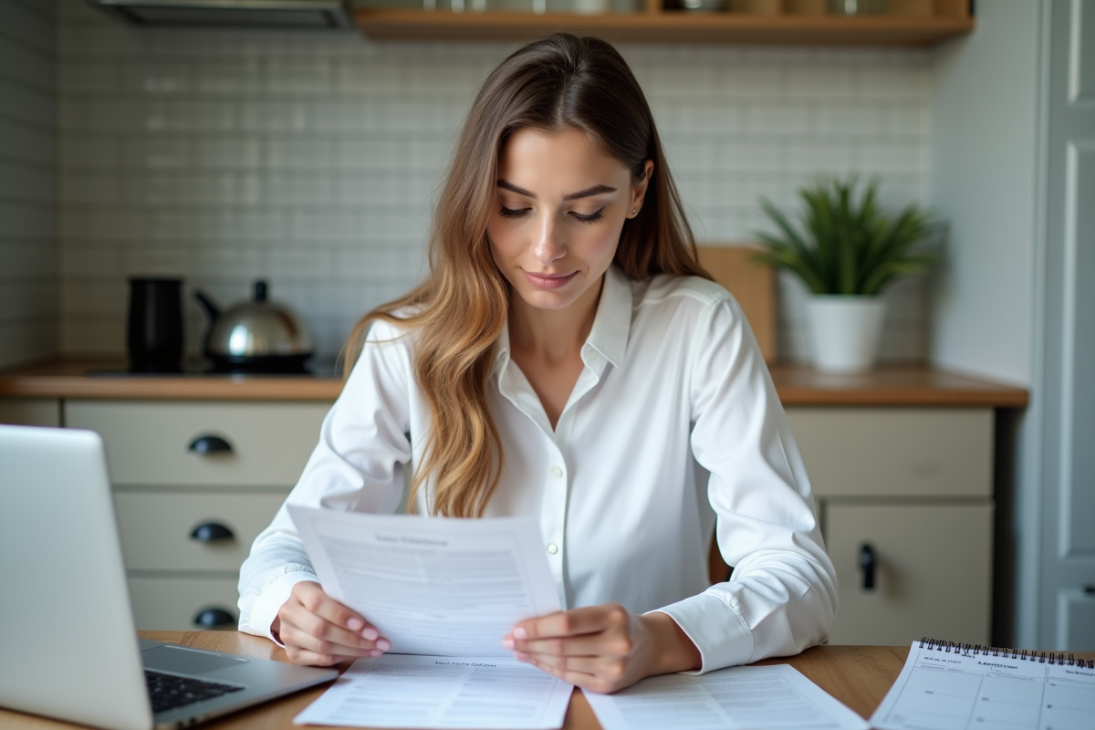 Jeune femme examine ses papiers DPE à la cuisine