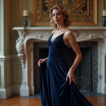 Femme élégante en robe de velours navy dans un appartement parisien