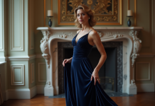 Femme élégante en robe de velours navy dans un appartement parisien