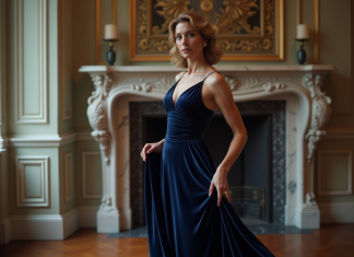 Tissu riche : quelle matière habille les gens fortunés ? Femme élégante en robe de velours navy dans un appartement parisien