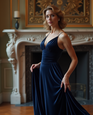 Femme élégante en robe de velours navy dans un appartement parisien