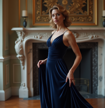 Femme élégante en robe de velours navy dans un appartement parisien