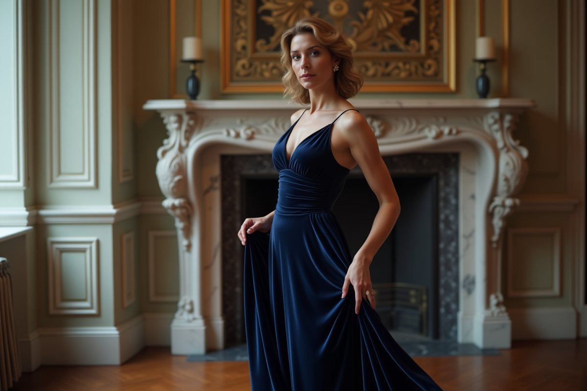 Femme élégante en robe de velours navy dans un appartement parisien