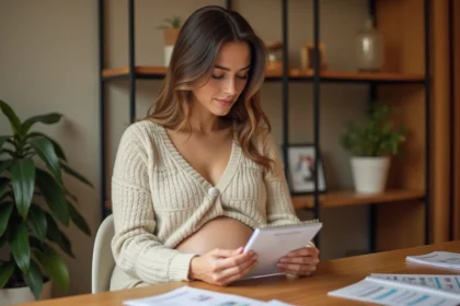 Femme enceinte consultant un calendrier de grossesse à son bureau à domicile