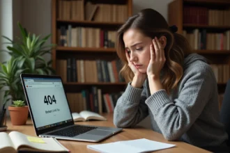 Femme frustrée devant un écran d'ordinateur affichant une erreur 404, symbolisant un site inaccessible comme Fourtoutici