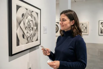 Femme admirant une œuvre d'Escher dans un musée avec un billet à la main, exposition Escher Toulouse
