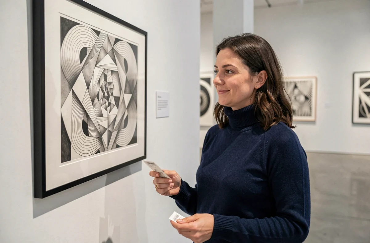 Femme admirant une œuvre d'Escher dans un musée avec un billet à la main, exposition Escher Toulouse
