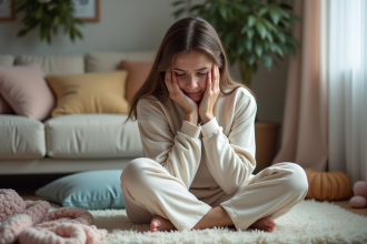 Femme fatiguée assise sur le sol du salon avec des jouets