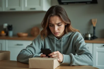 Femme frustrée regardant son téléphone face à une commande Uber Eats en retard posée sur la table de cuisine