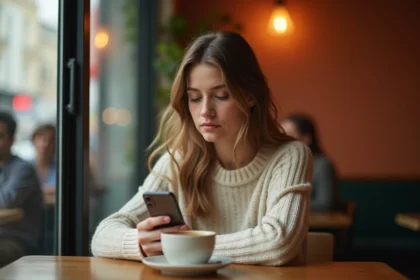 Jeune femme contemplant l'heure miroir 10h10 sur son téléphone dans un café, symbolisant la signification de la flamme jumelle
