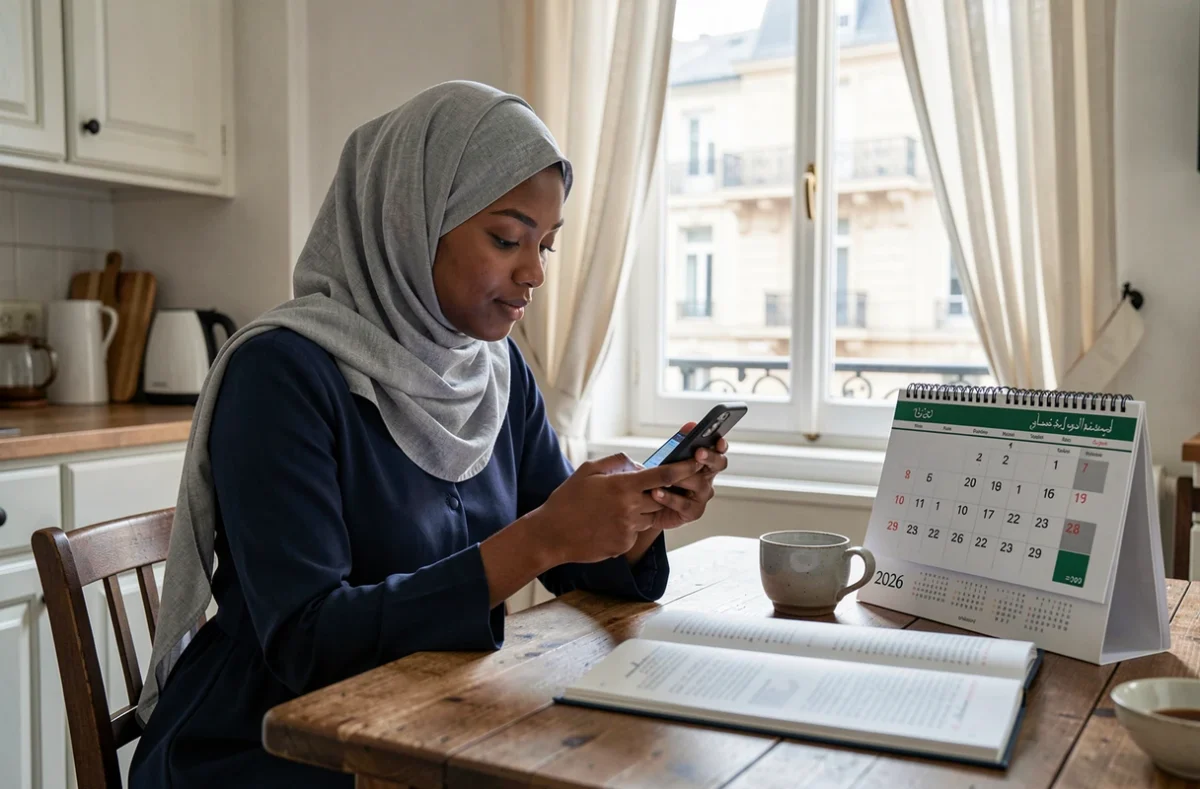 Jeune femme musulmane consultant les horaires de prière 2026 sur son téléphone dans un appartement bordelais