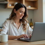Comment s’inscrire à Affaire conclue : guide complet Femme en train de remplir un formulaire en ligne dans une cuisine moderne