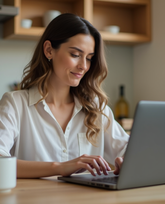 Femme en train de remplir un formulaire en ligne dans une cuisine moderne