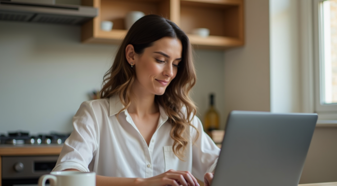 Femme en train de remplir un formulaire en ligne dans une cuisine moderne