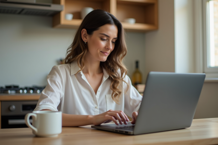 femme-inscription-en-ligne Femme en train de remplir un formulaire en ligne dans une cuisine moderne