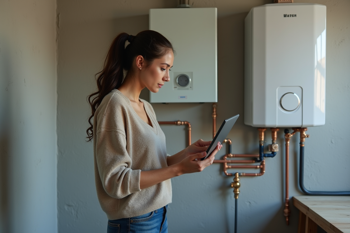 Jeune femme inspectant un chauffe-eau avec une tablette