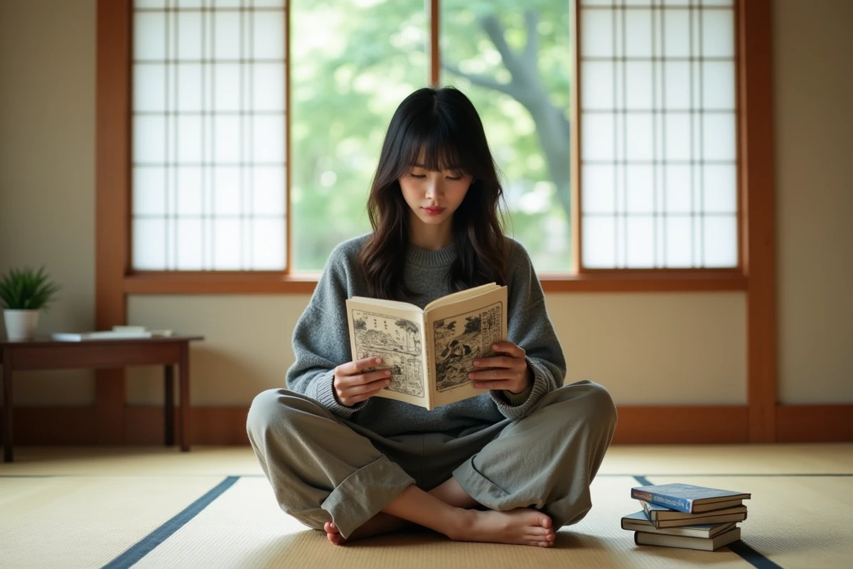 Jeune femme japonaise lisant un manga traditionnel assis sur un tatami dans un appartement de Tokyo, illustrant l'origine culturelle du manga japonais