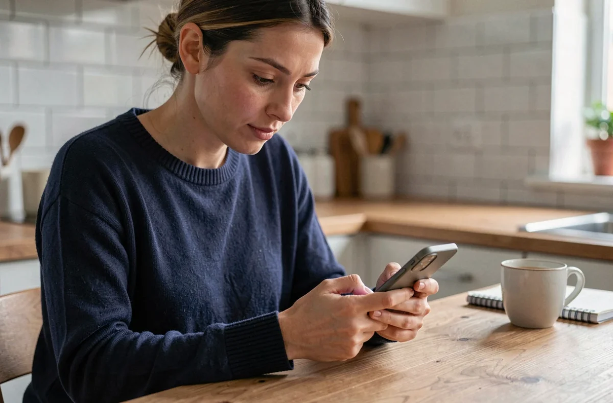 Femme jouant à un jeu de mots sur smartphone à la table de cuisine, cherchant la solution 4 images 1 mot