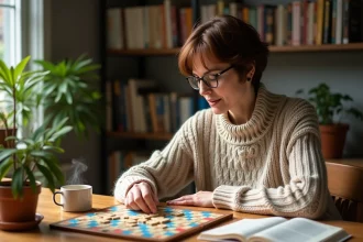 Femme réfléchissant à son jeu de Scrabble dans une salle lumineuse