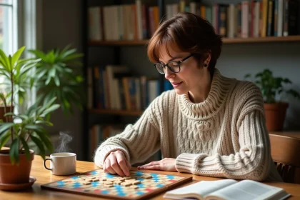 Femme réfléchissant à son jeu de Scrabble dans une salle lumineuse