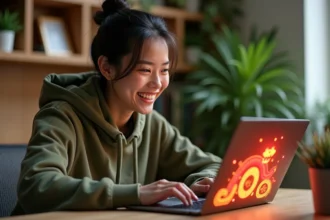 Jeune femme souriante jouant au jeu Google du Nouvel An du Serpent sur un ordinateur portable dans un bureau à domicile