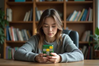 Jeune femme concentrée jouant à un jeu de mots sur smartphone, assise à un bureau en bois avec des livres en arrière-plan