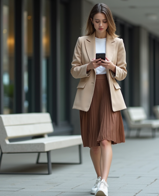 Femme tendance en ville vérifiant son téléphone