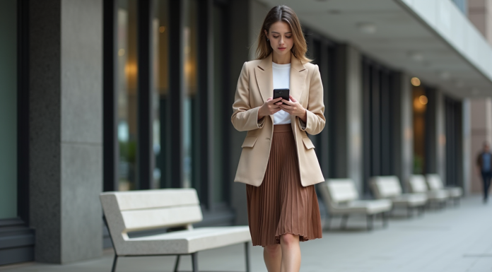 Femme tendance en ville vérifiant son téléphone
