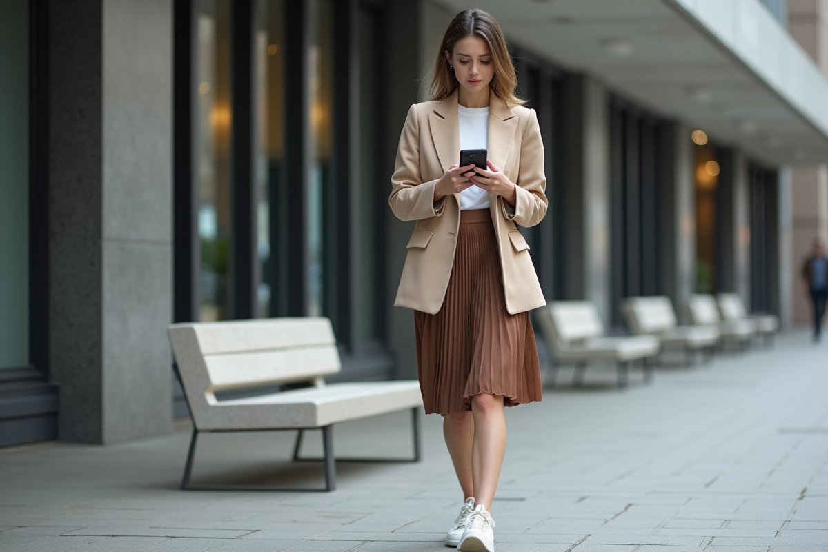 Femme tendance en ville vérifiant son téléphone