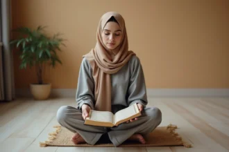 Femme musulmane lisant le Coran dans un cadre intérieur épuré, illustrant les pratiques de lecture coranique et les règles rituelles associées
