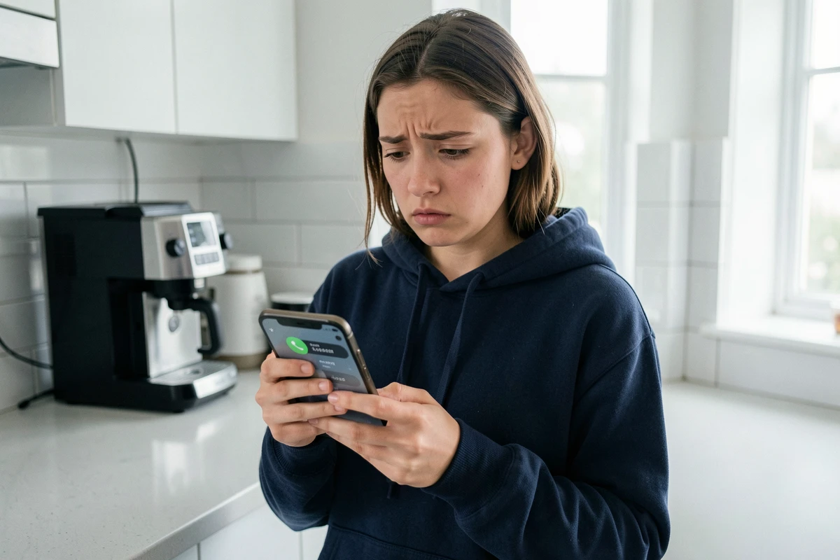 Jeune femme préoccupée vérifiant un numéro de téléphone inconnu dans sa cuisine