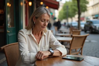 Femme à Paris vérifiant l'heure sur sa montre et son téléphone affichant deux fuseaux horaires, Paris et La Réunion