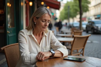Femme à Paris vérifiant l'heure sur sa montre et son téléphone affichant deux fuseaux horaires, Paris et La Réunion